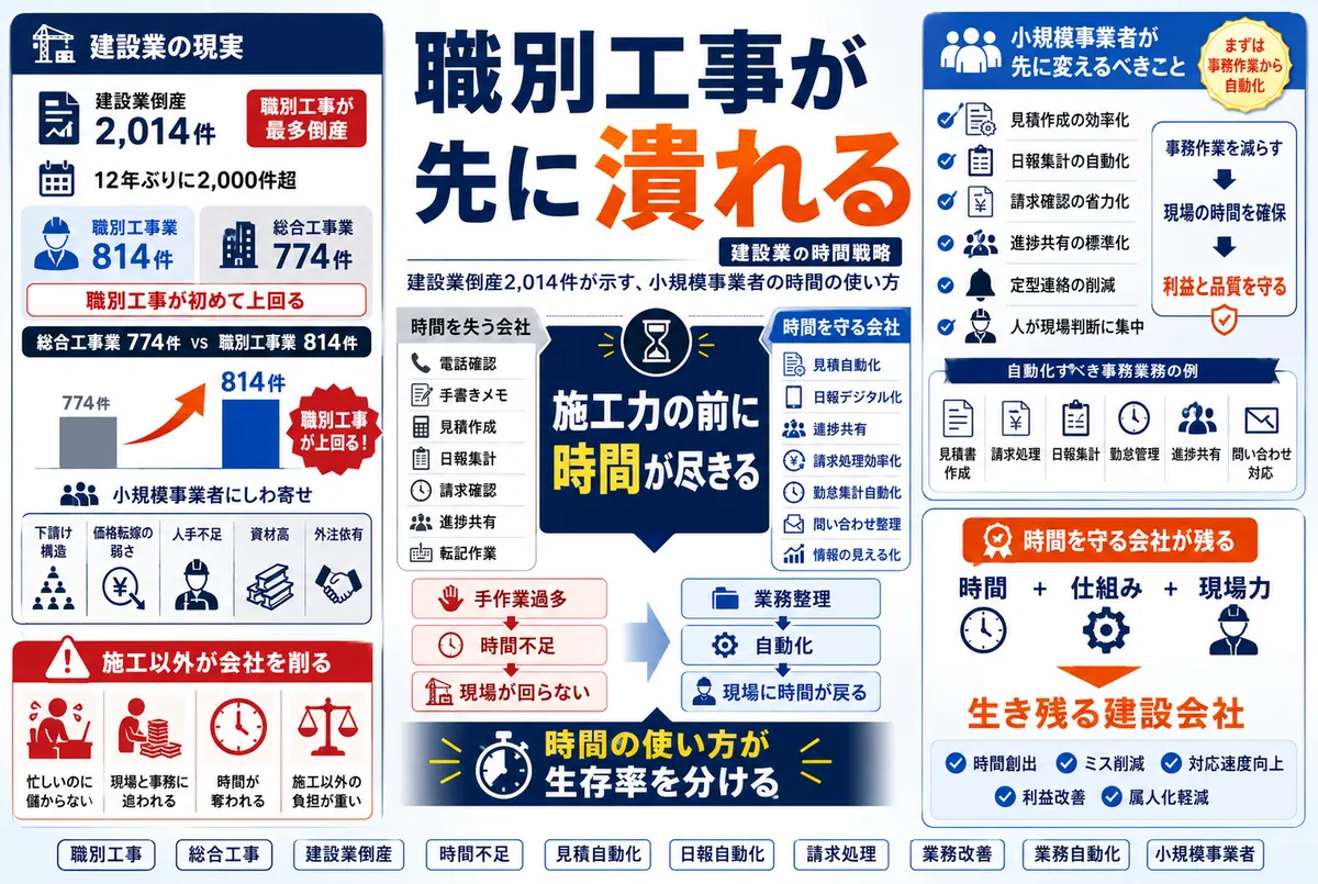 職別工事の倒産が総合工事を初めて上回った｜施工力が希少なら、事務に溶かしてはいけない