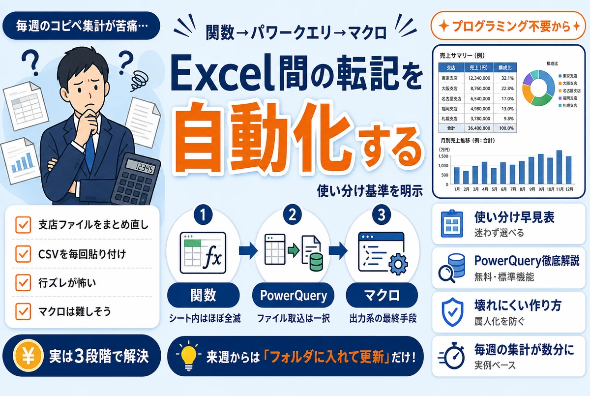 Excel間の転記を自動化する3つの方法｜関数・パワークエリ・マクロの使い分け