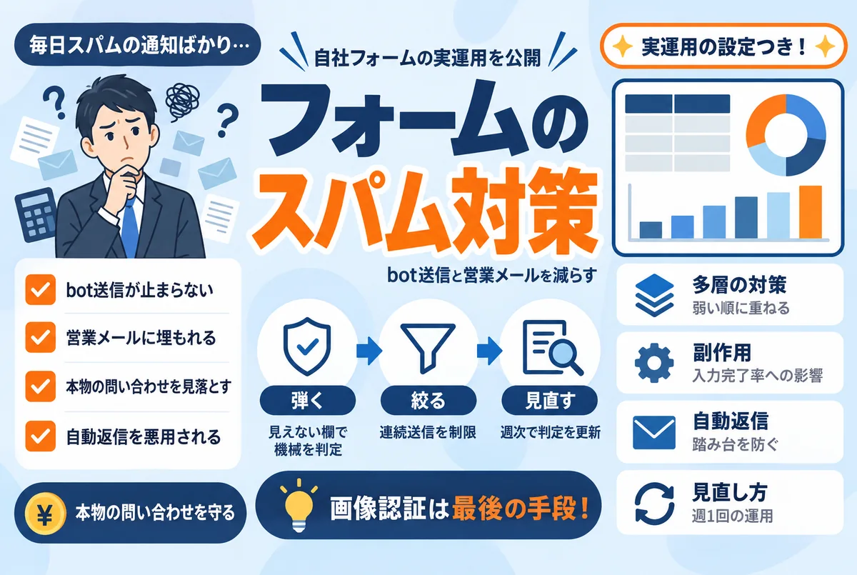 問い合わせフォームのスパム対策｜bot送信と営業メールを減らす設定と運用