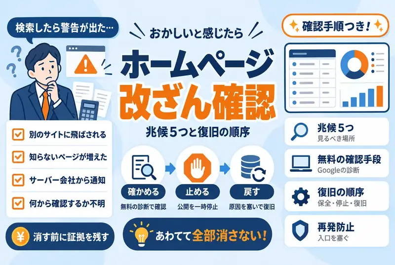ホームページが改ざんされたか確認する方法｜5つの兆候と無料診断・復旧の順序