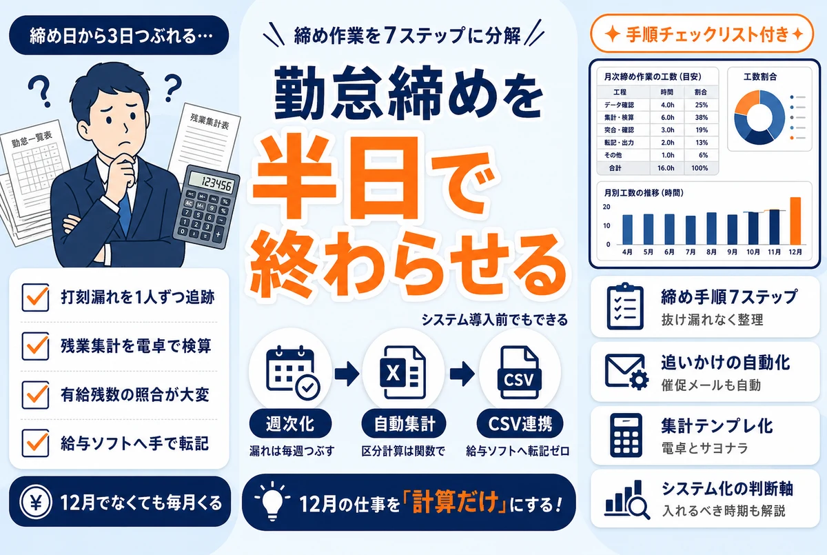 勤怠締めのやり方と効率化｜締め処理の手順7ステップと自動化できる部分