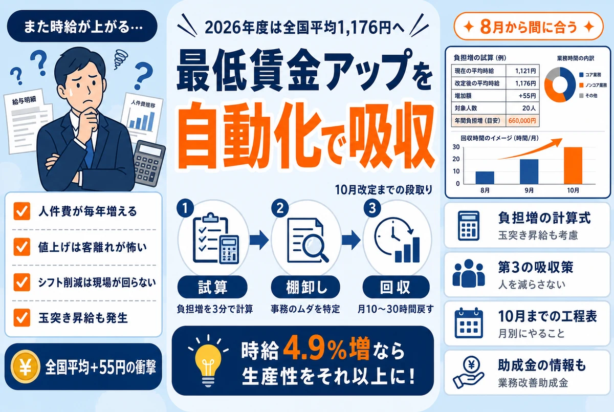最低賃金2026年度は全国平均1,176円へ｜+55円の人件費増を自動化で吸収する考え方
