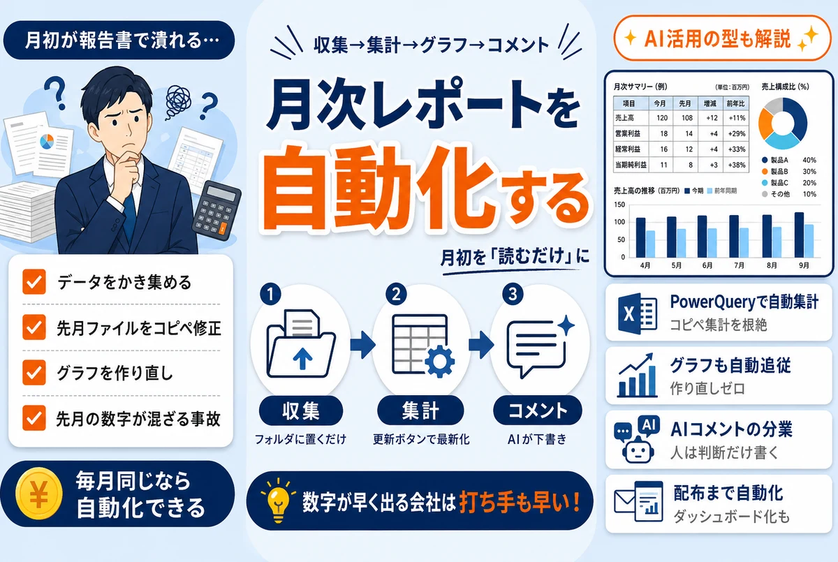 月次レポート作成を自動化する方法｜集計・グラフ・コメントまで仕組みにする