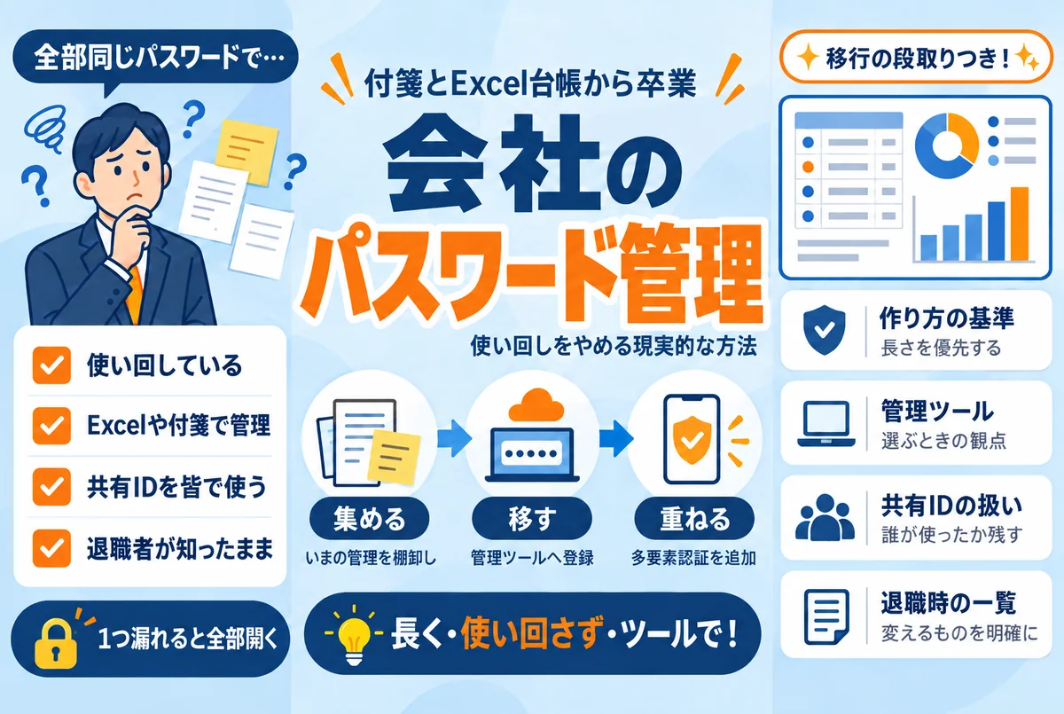 会社のパスワード管理はどうする？使い回しをやめる現実的な方法と移行手順