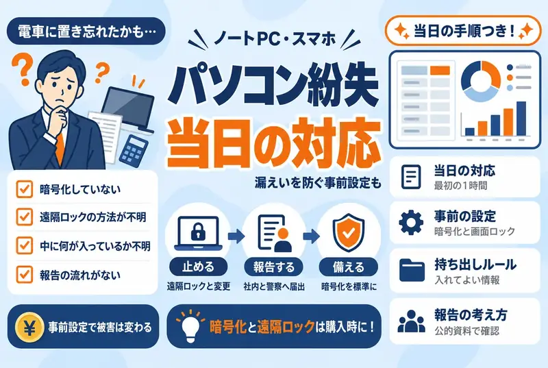 会社のパソコンを紛失したら｜情報漏えいを防ぐ事前設定と当日の対応