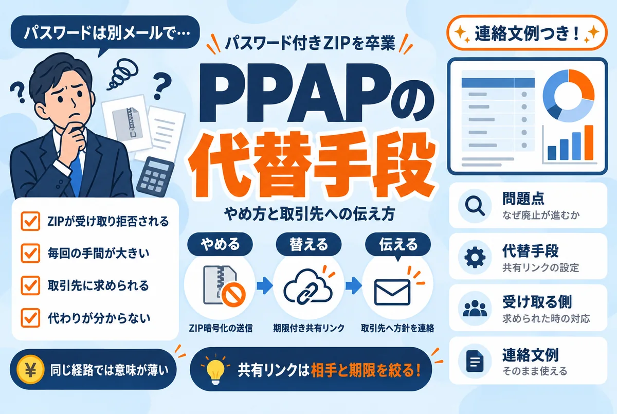 PPAPの代替手段は？パスワード付きZIPをやめる方法と取引先への伝え方