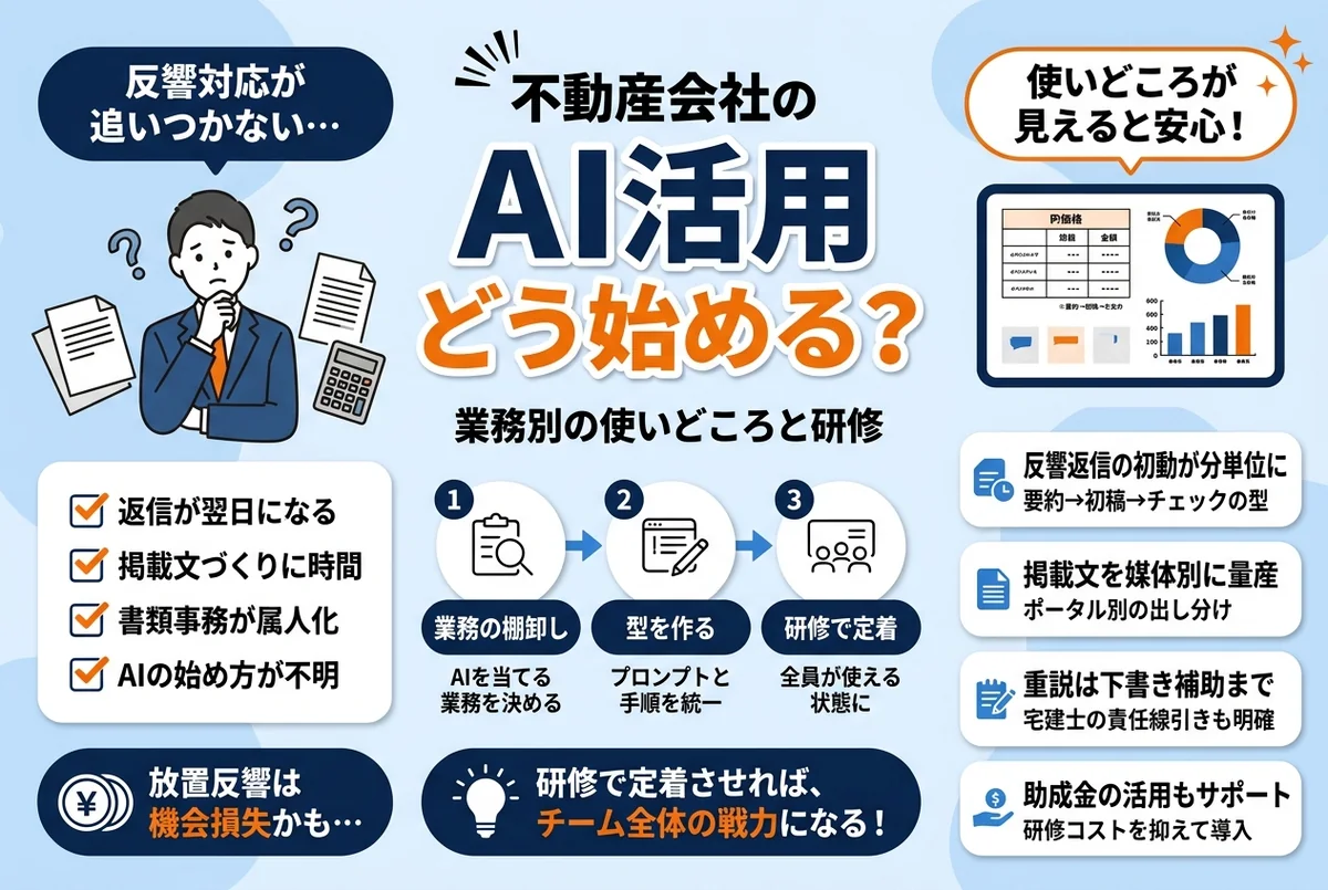 【2026年版】不動産会社のAI活用｜反響対応から契約書類まで実務で使う