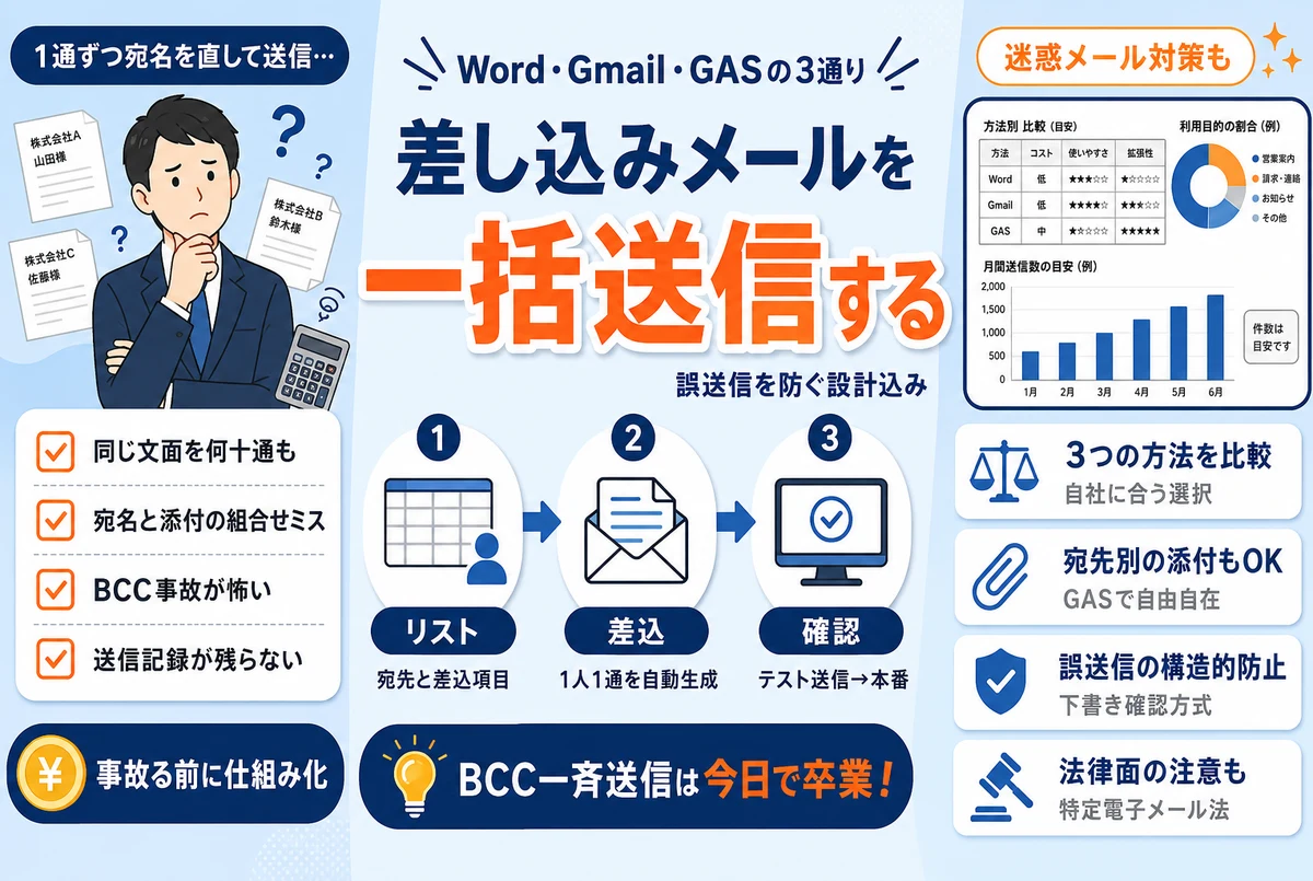 差し込みメールを一括送信する方法｜Word・Gmail・GASの3つのやり方と注意点