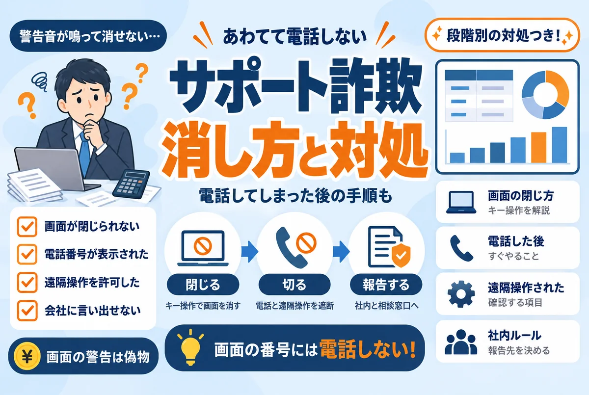 サポート詐欺の警告画面が出たら｜消し方と電話してしまった後の対処
