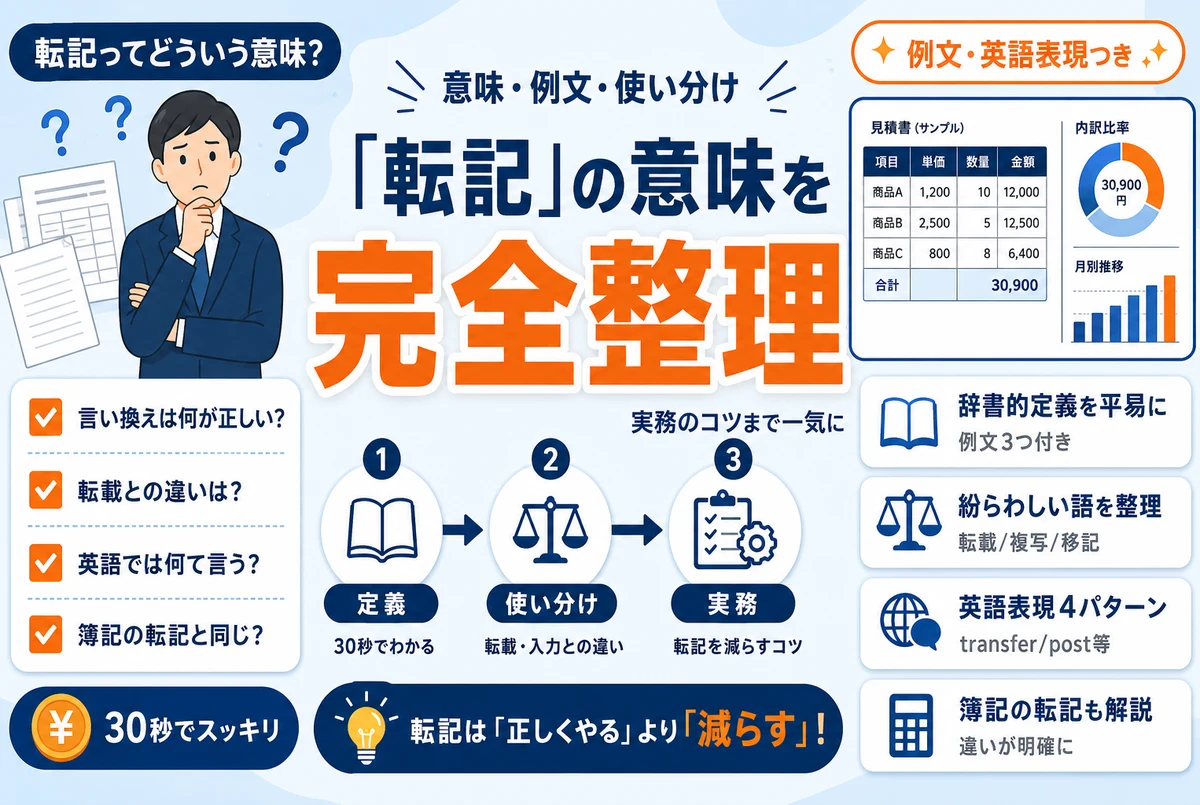 「転記」の意味とは？言い換え・英語表現・簿記の転記との違いをわかりやすく解説