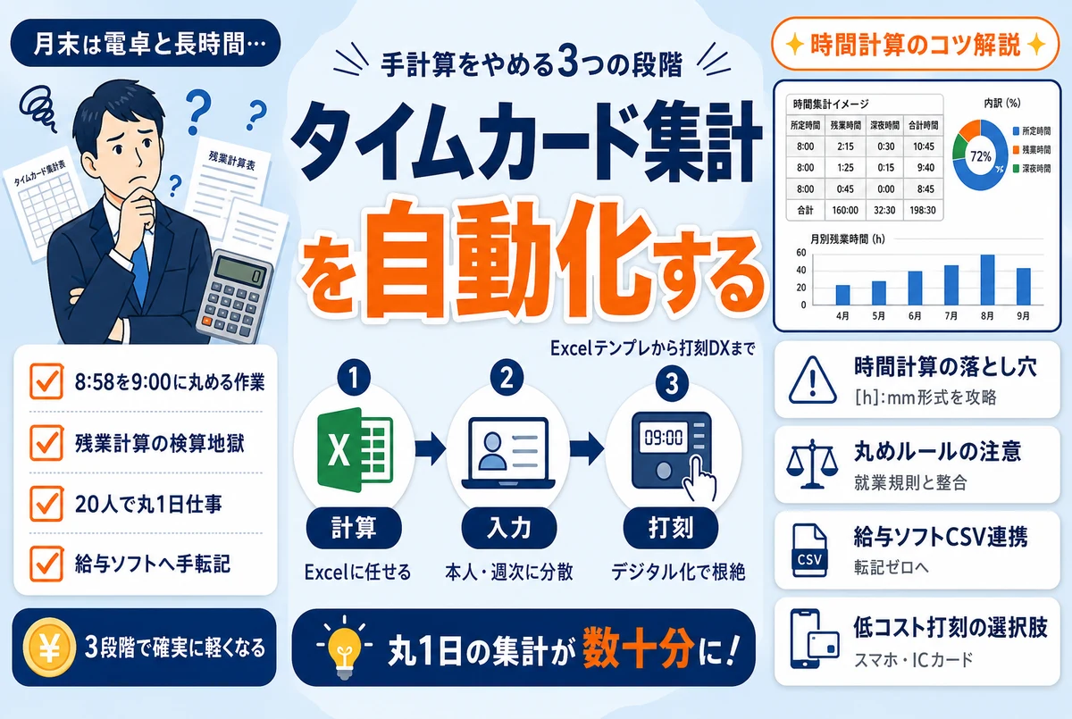 タイムカード集計を自動化する方法｜手計算をやめる3つの段階